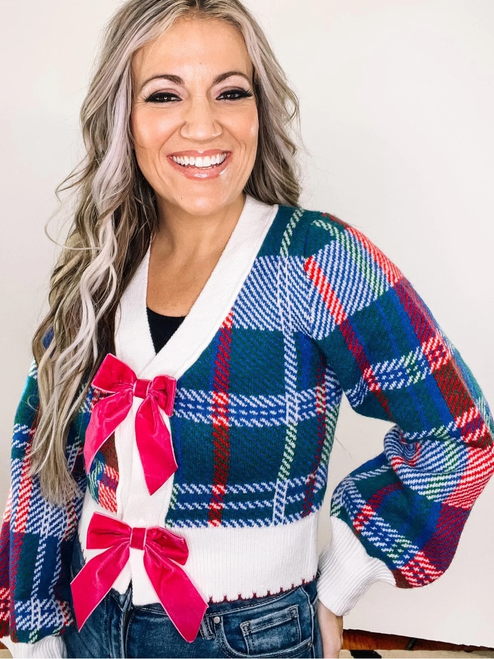 So Me Green Blue Red Plaid V-Neck cardigan Sweater with Pink Bows